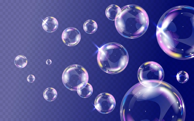 Vecteur gratuit bulles de savon réalistes en couleur arc-en-ciel sur illustration vectorielle fond transparent