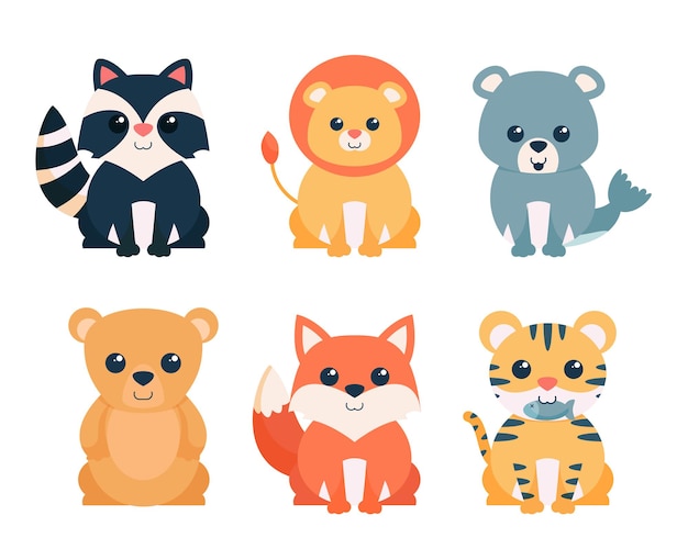 Vecteur gratuit bundle de collection de personnages de dessins animés animaux mignons, illustration colorée plate