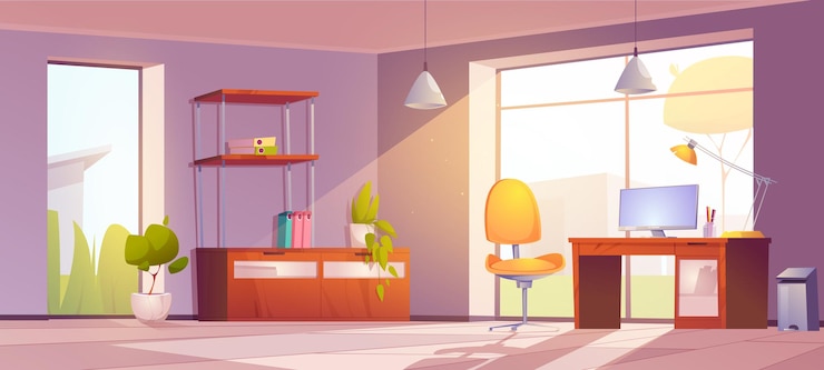Vecteur gratuit bureau à domicile avec chaise de moniteur de bureau et bibliothèque