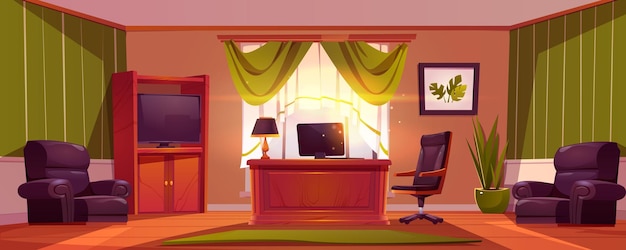 Vecteur gratuit bureau du chef ou du président chambre de luxe intérieure avec meubles en cuir et en bois tv et ordinateur sur le bureau et fenêtre avec rideaux illustration vectorielle de dessin animé du cabinet du pdg ou du patron