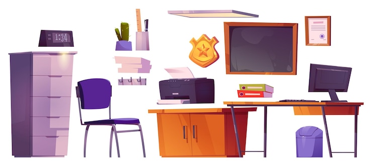 Vecteur gratuit bureau du poste de police à l'intérieur avec ordinateur de bureau