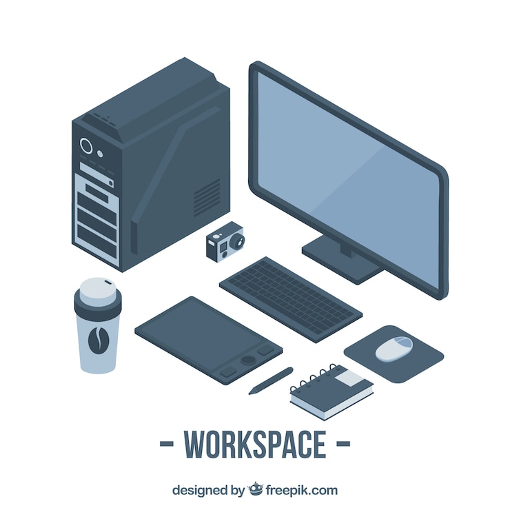 Vecteur gratuit bureau isométrique avec style technologique
