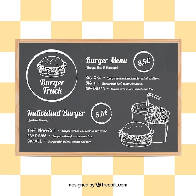 Vecteur gratuit burger food truck menu sur le tableau noir
