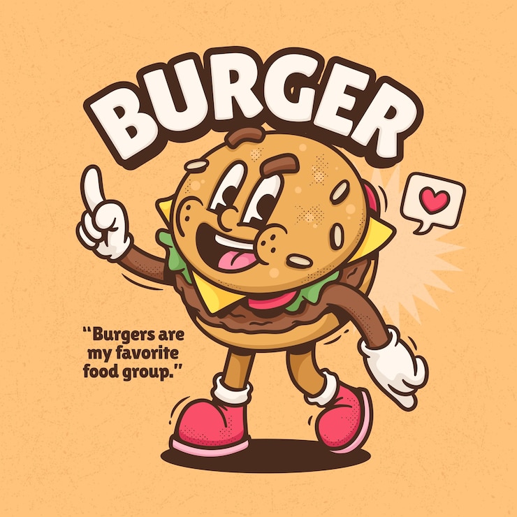 Vecteur gratuit burger mignon dessin animé rétro tendance vecteur dessiné main