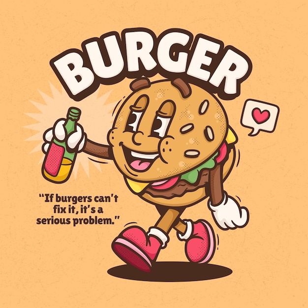 Vecteur gratuit burger mignon dessin animé rétro tendance vecteur dessiné main