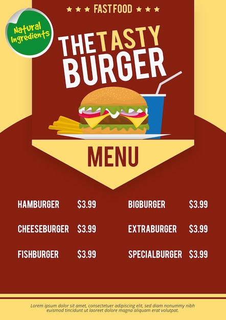 Vecteur gratuit burger tasty modèle de menu