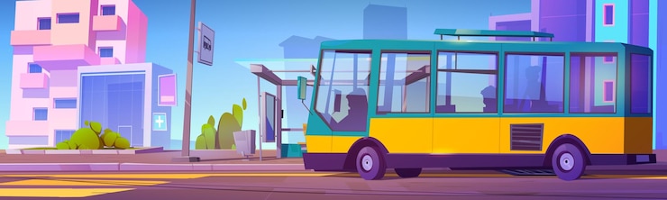 Vecteur gratuit bus à l'arrêt avec passagers et chauffeur à l'intérieur