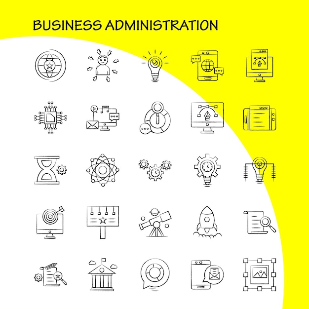 Business Administration Hand Drawn Icons Set For Infographics Mobile Uxui Kit And Print Design Inclure Eye Eye Ball Focus Target Chemical Bonding Chemical Eps 10 Vector