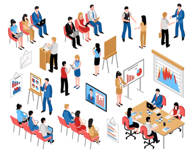 Vecteur gratuit business education et coaching isometric icons set