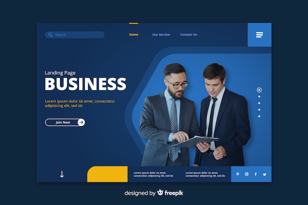 Vecteur gratuit business landing page bleue avec des hommes d'affaires