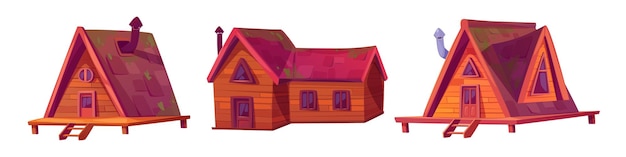 Vecteur gratuit cabane en bois clipart été forêt maison vecteur ensemble icône de cabane de montagne en bois isolé sur fond blanc chalet en bois bâtiment sur pilotis avec porte lodge fenêtre et kit d'illustration de toit