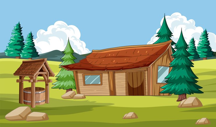 Vecteur gratuit une cabane confortable dans la forêt sereine