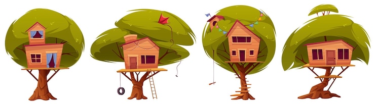 Vecteur gratuit cabane de dessin animé de cabane dans les arbres pour jeu de jeux pour enfants