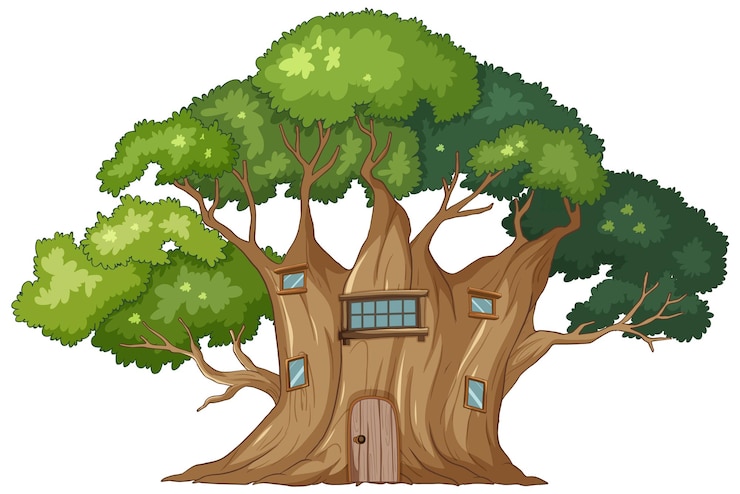 Vecteur gratuit une cabane enchantée dans une forêt luxuriante