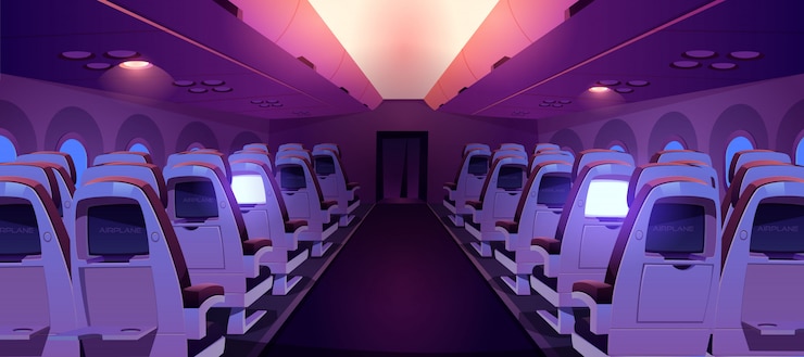 Vecteur gratuit cabine d'avion avec sièges et écrans vue intérieure