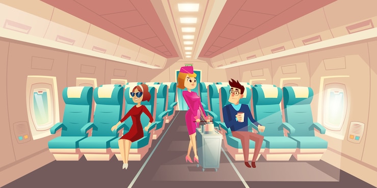 Vecteur gratuit cabine de vecteur de l&#39;avion avec l&#39;hôtesse de l&#39;air et les passagers