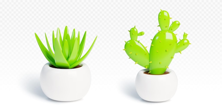 Vecteur gratuit cactus et succulents verts dans des pots en céramique