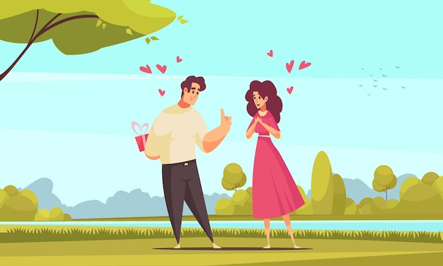 Vecteur gratuit cadeau présente une composition d'amour romantique avec un paysage de parc en plein air et des personnages plats de couple avec illustration de coeurs