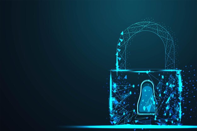 Cadenas de sécurité Cyber Lock Fil abstrait low poly Le treillis métallique polygonal ressemble à une constellation sur un ciel nocturne bleu foncé avec des points et des étoiles illustration et arrière-plan