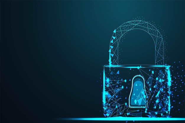 Cadenas de sécurité Cyber Lock Fil abstrait low poly Le treillis métallique polygonal ressemble à une constellation sur un ciel nocturne bleu foncé avec des points et des étoiles illustration et arrière-plan