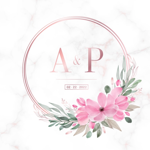 Cadre De Cercle En Or Rose Avec Floral Sur Fond De Marbre Pour Logo Monogramme De Mariage Et Carte D'invitation
