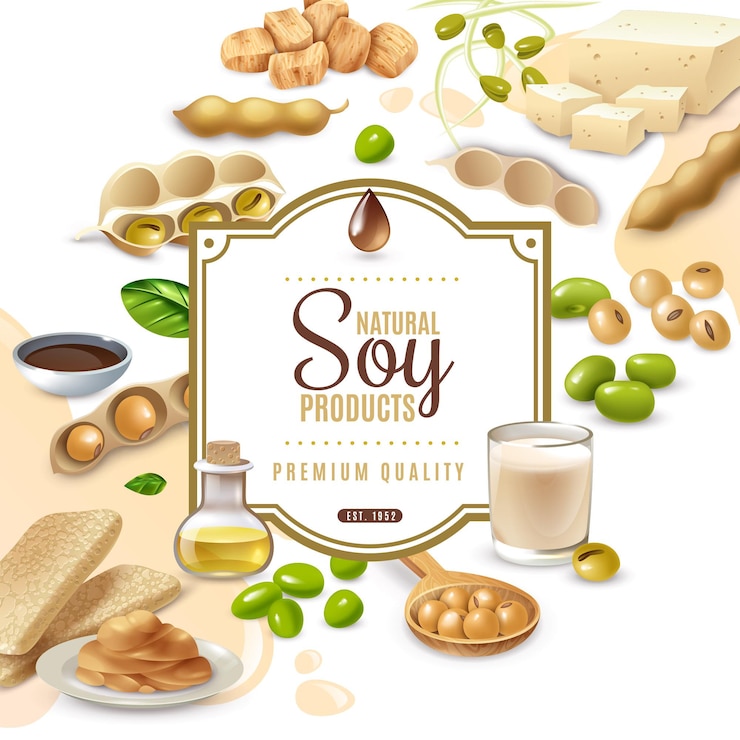 Vecteur gratuit cadre décoratif avec des produits alimentaires de soja sur blanc beige