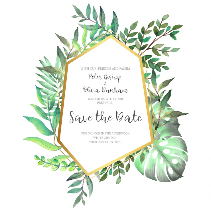Vecteur gratuit cadre doré polygonal avec des feuilles pour faire-part de mariage