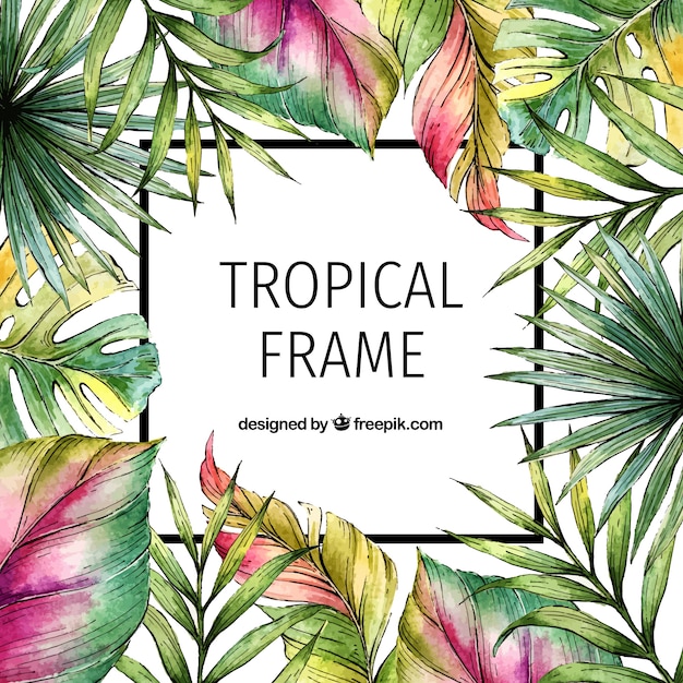 Vecteur gratuit cadre de feuilles tropicales avec style aquarelle