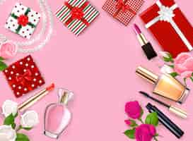 Vecteur gratuit cadre flatlay de la fête des mères avec des fleurs de parfumerie cosmétique cadeaux sur fond rose illustration
