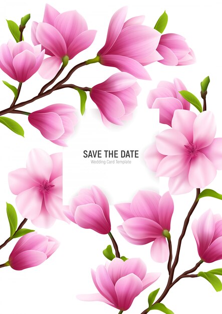 Cadre de fleur de magnolia réaliste coloré avec le titre de la date et de délicates fleurs roses