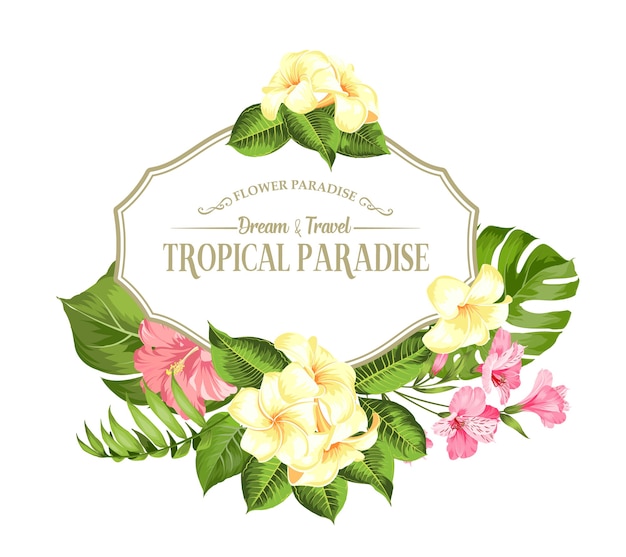 Cadre De Fleur Tropicale Avec Place Pour Le Texte. Palm, Hibiscus Et Monstera Sur Fond Blanc.