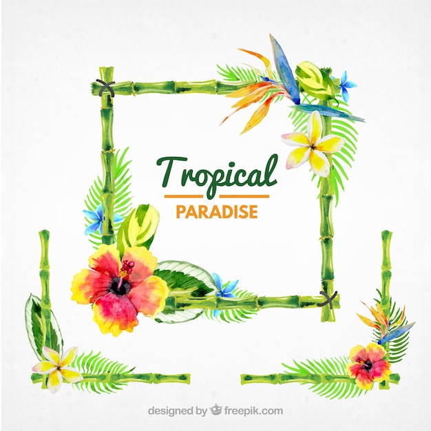 Vecteur gratuit cadre avec des fleurs d'aquarelle tropicales
