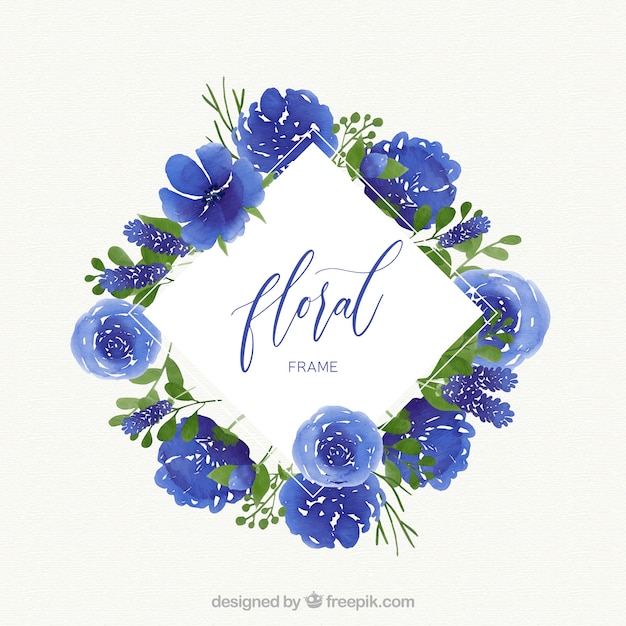 Cadre floral aquarelle avec des fleurs bleues