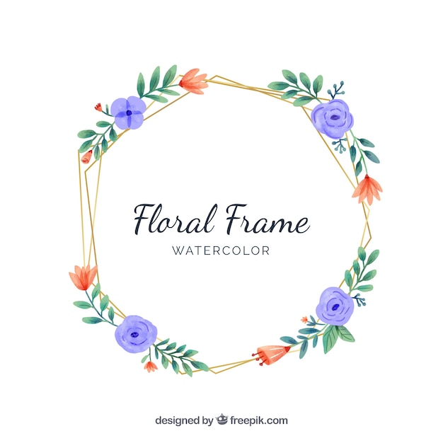 Cadre Floral Aquarelle Avec Des Lignes Dorées