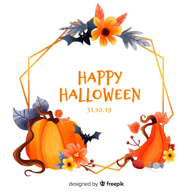 Vecteur gratuit cadre de halloween aquarelle variété de citrouilles et chauves-souris