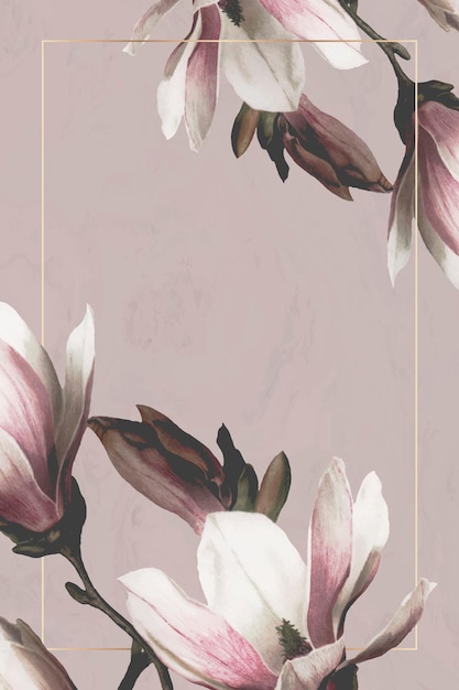 Cadre de mariage avec bordure de magnolia sur fond marron