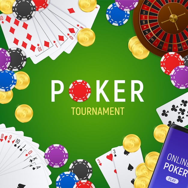 Cadre réaliste de fond vert d'invitation de tournoi en ligne de club de poker avec des cartes