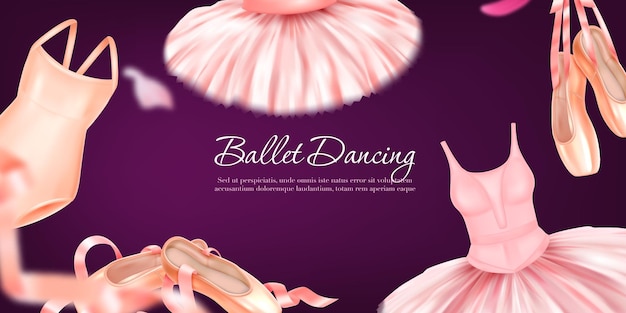 Vecteur gratuit cadre réaliste horizontal de danse de ballet avec des accessoires de ballerine élégants et des éléments flous sur illustration vectorielle de fond de couleur