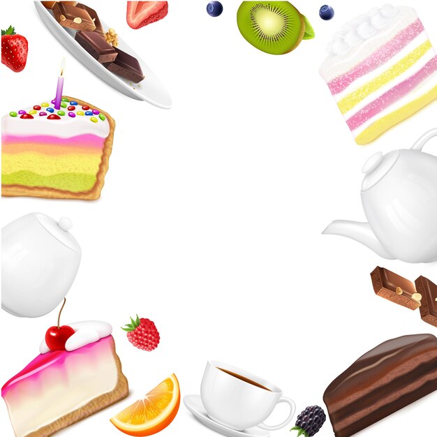 Cadre réaliste avec des morceaux de gâteau, des baies fraîches, des tranches de fruits, une tasse de chocolat, une théière et un sucrier