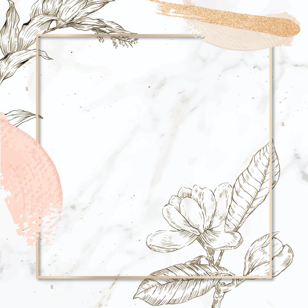 Cadre rectangle avec coups de pinceau et décoration de fleurs de contour sur fond de marbre