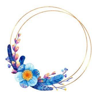 Cadre rond doré avec composition florale bleue et violette invitation de mariage botanique