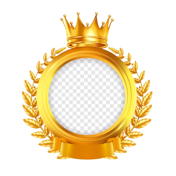 Vecteur gratuit cadre rond doré décoré par du ruban de couronne de laurier et un tracé de détourage de concept de conception réaliste de couronne