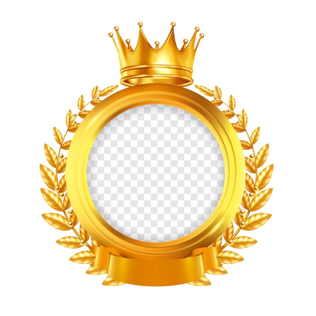 Cadre rond doré décoré par du ruban de couronne de laurier et un tracé de détourage de concept de conception réaliste de couronne