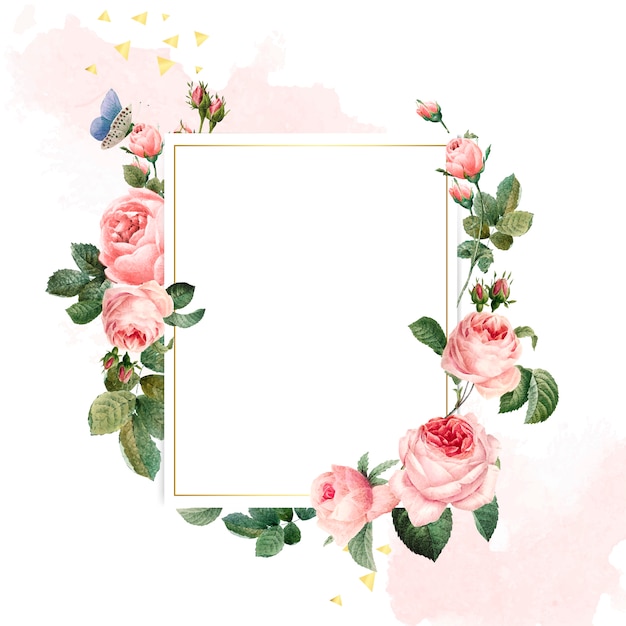 Cadre de roses roses rectangle blanc sur fond rose et blanc