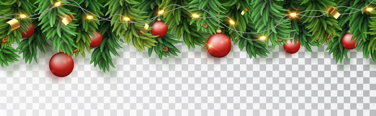 Vecteur gratuit cadre sans couture horizontal de noël avec la guirlande de diodes de branches de sapin et les jouets de noël rouges