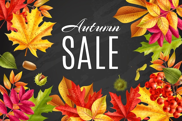 Cadre de tableau de vente automne réaliste entouré d'illustration de feuilles fanées