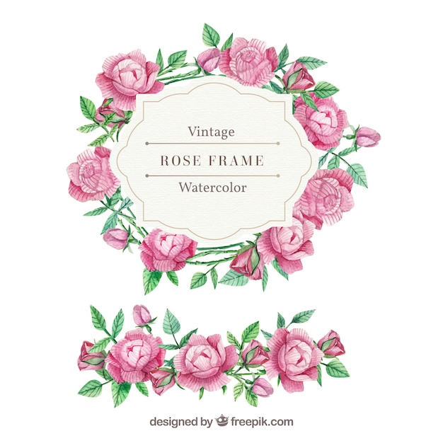 Cadre vintage de roses et feuilles d&#39;aquarelle