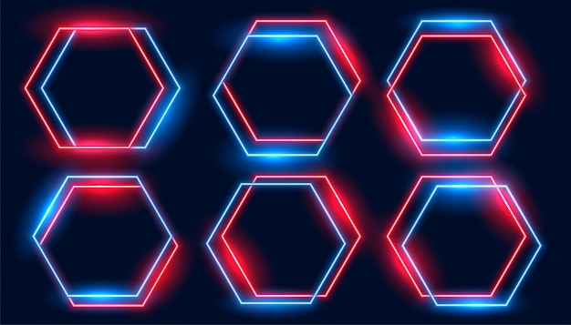 Vecteur gratuit cadres hexagonaux néon dans les couleurs bleu et rouge