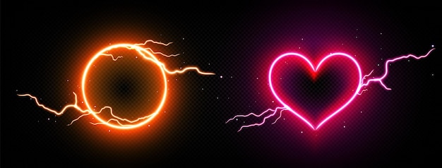 Vecteur gratuit cadres de néon éclair ronds et bordures de coeur