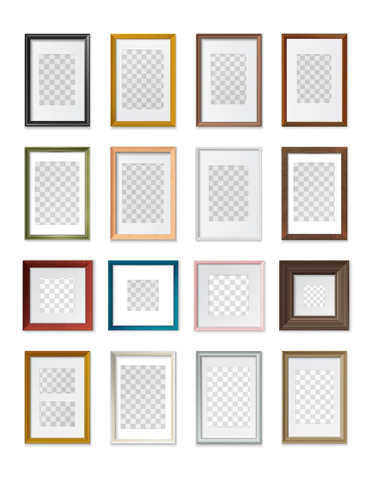 Vecteur gratuit cadres photo carrés et rectangulaires fond transparent divers types tailles matériel couleur maquette réaliste ensemble illustration vectorielle
